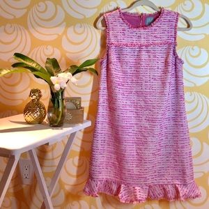 CeCe Tweed Pink and White shift dress w/ruffle